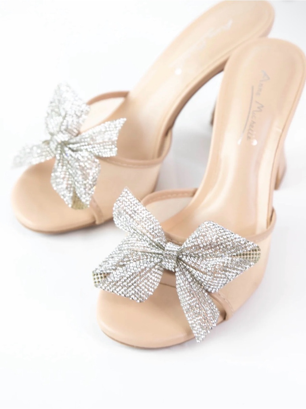 Anne Michelle Nude Slip-On Heels with Silver Crystal Bow